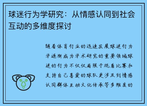 球迷行为学研究：从情感认同到社会互动的多维度探讨