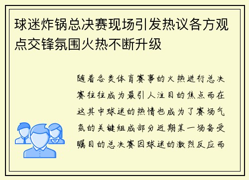 球迷炸锅总决赛现场引发热议各方观点交锋氛围火热不断升级